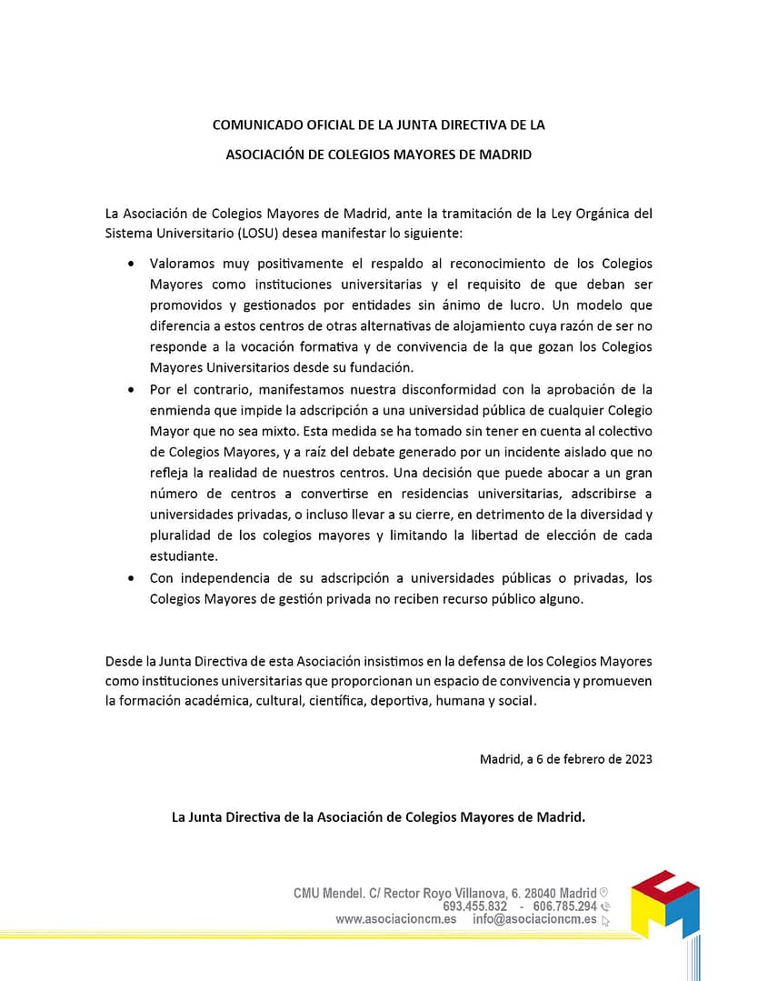 Comunicado Asociación de Colegios Mayores de Madrid